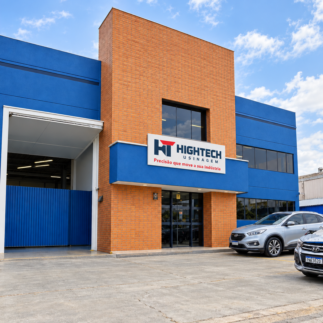 Simulação da fachada da Hightech Usinagem em Pinhais, com a nova logo e tratamento digital da foto